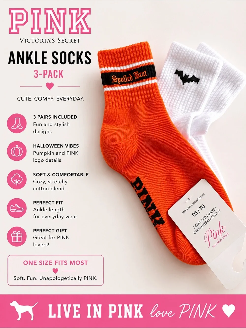 PINK Victoria's Secret Women's 3-Pack Ankle Socks — Orange & White